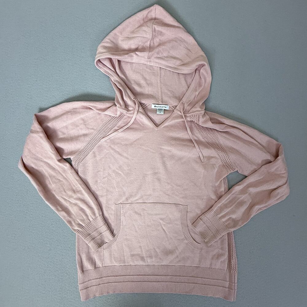 Athleta Knit Hoodie Sweater Pullover Kangaroo Pocket Blush Pink Small Petite